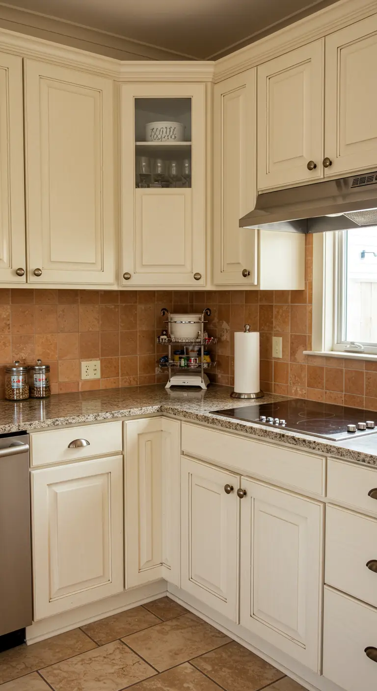Crèmekleurige landelijke keuken met een slim hoekkastje met glas en warme tegelachterwand.