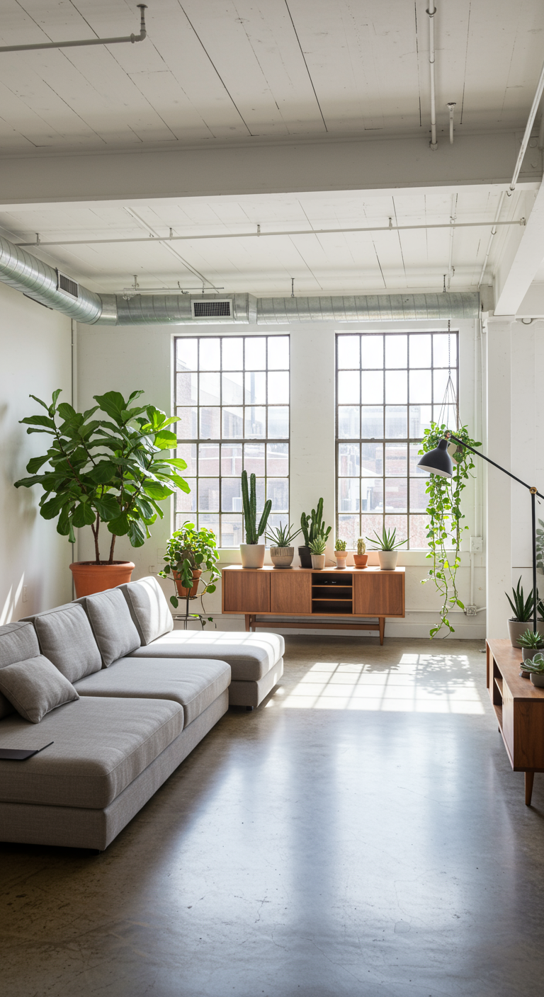 Lichte industriële loft woonkamer met grijze bank en veel planten.