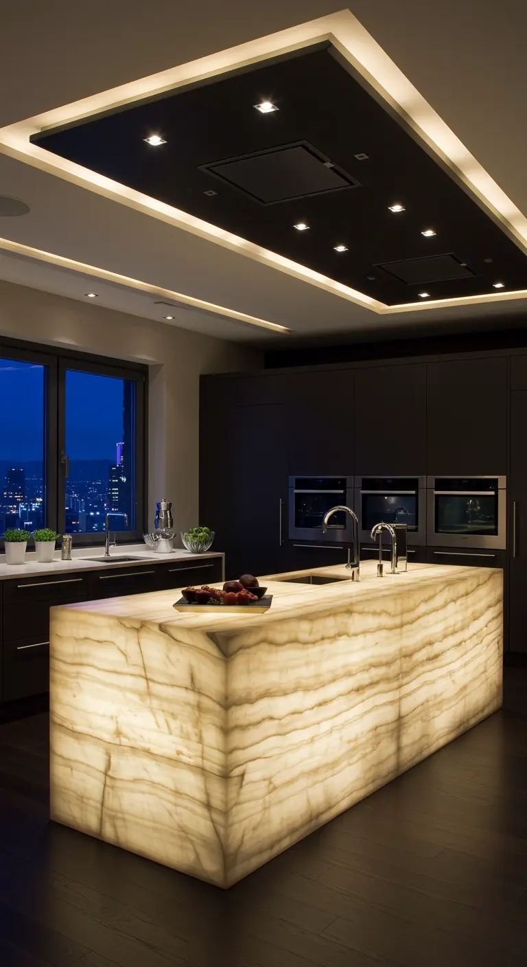Luxe kookeiland van doorschijnend materiaal, van binnenuit verlicht in donkere keuken.