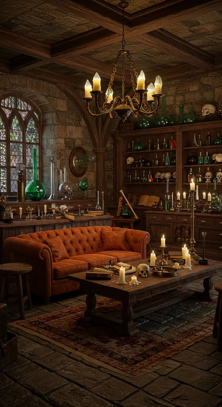 Alchemistisch laboratorium met een oranje fluwelen bank, schedels en laboratoriumglaswerk.