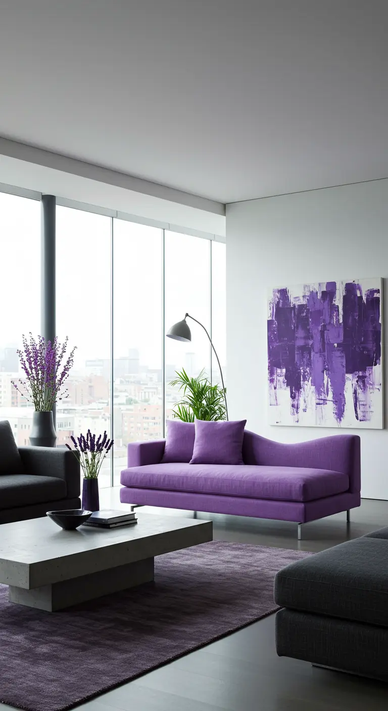 Moderne woonkamer met lavendel chaise longue, paars abstract schilderij, betonnen tafel.