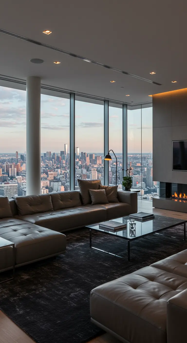 Moderne penthouse-woonkamer met een groot raam dat uitkijkt over de stad en een lage, modulaire bank.