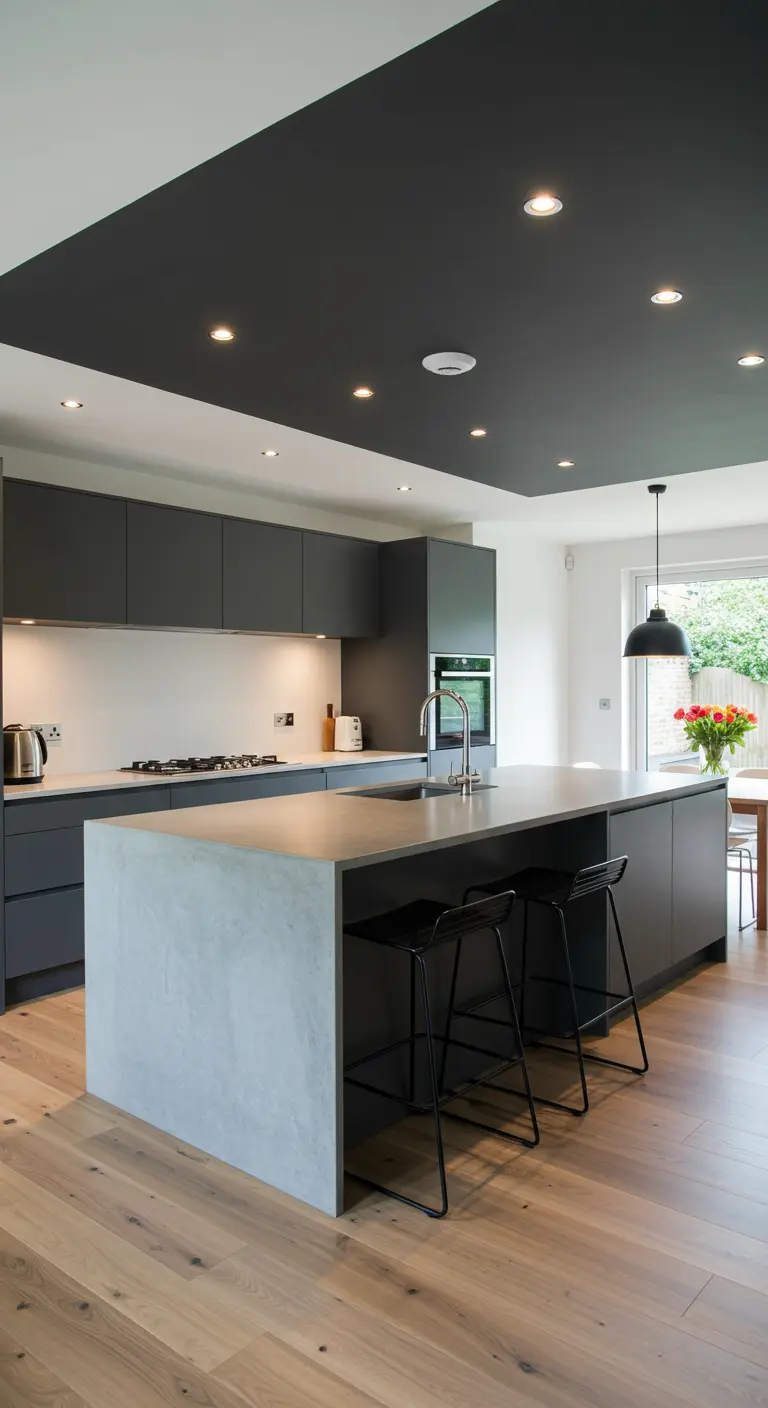 Moderne grijze keuken met een donkergrijs geverfd plafond boven het keukengedeelte.