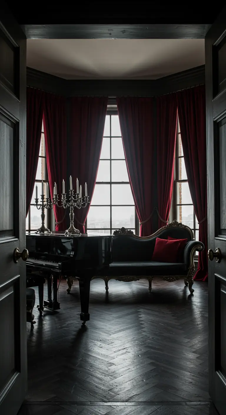 Erker met rode fluwelen gordijnen, een vleugelpiano en een zwarte chaise longue.