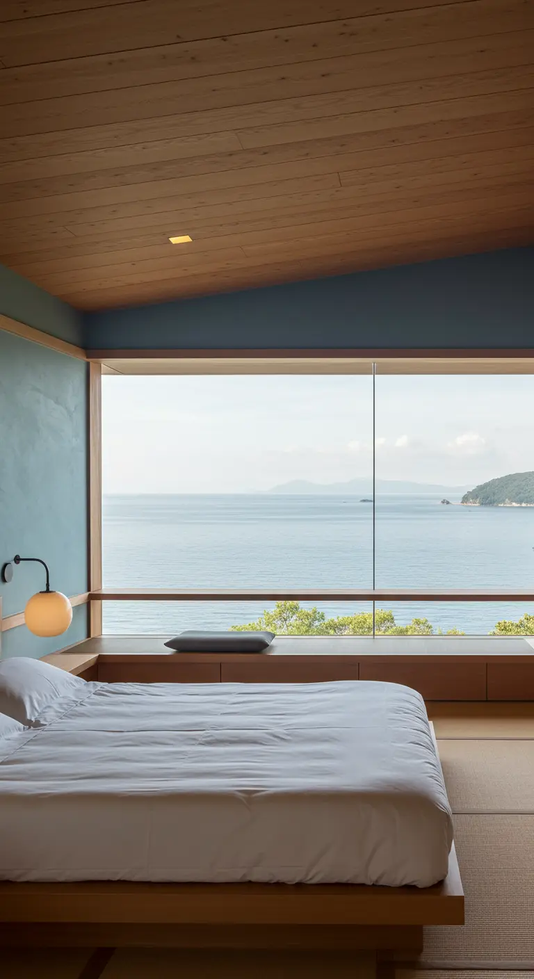 Japandi slaapkamer met laag bed, tatami vloer en een panoramisch raam met uitzicht op zee.