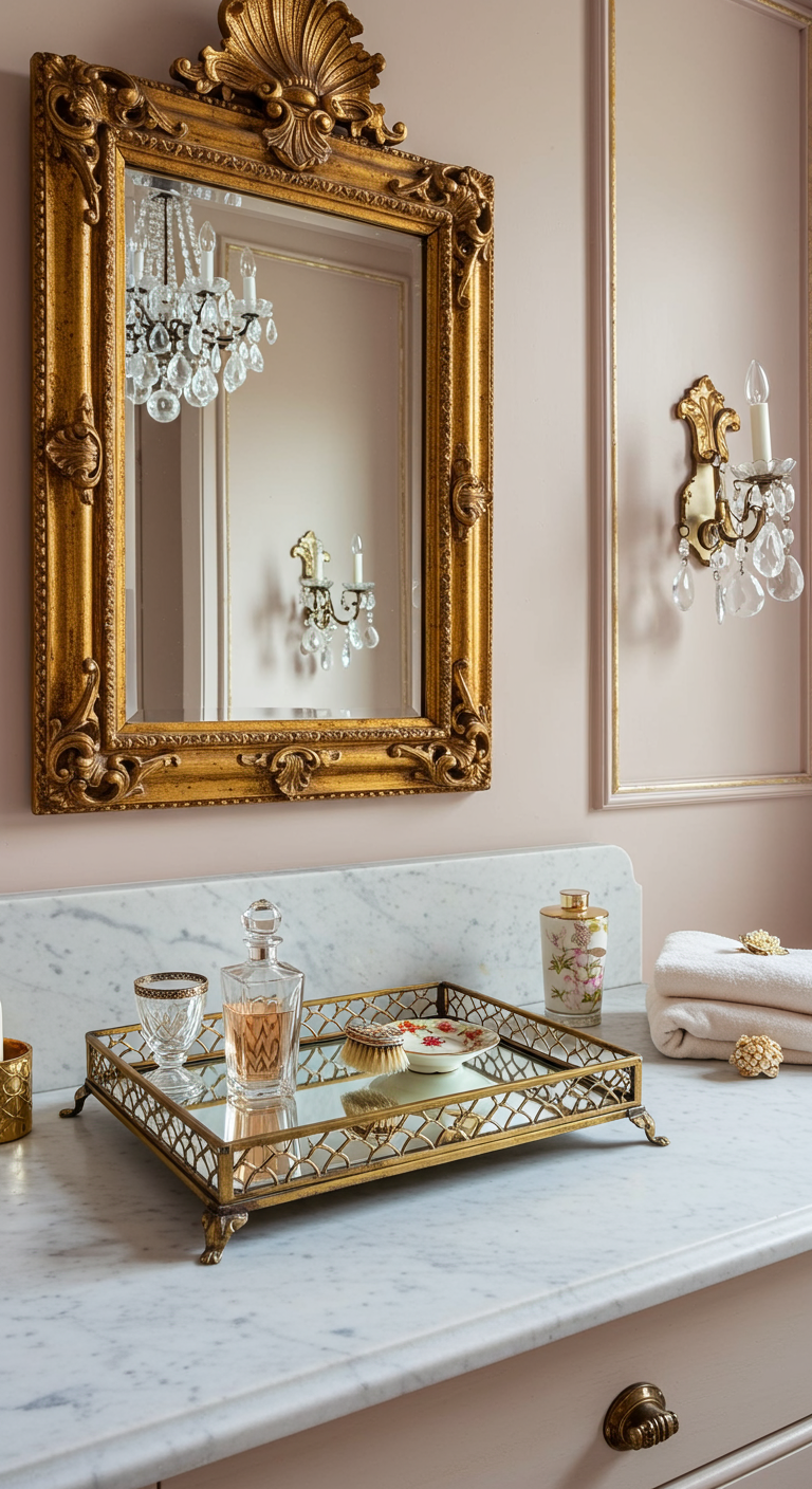 Gouden dienblad met parfumflesjes, glazen en borstel op een marmeren wastafel.
