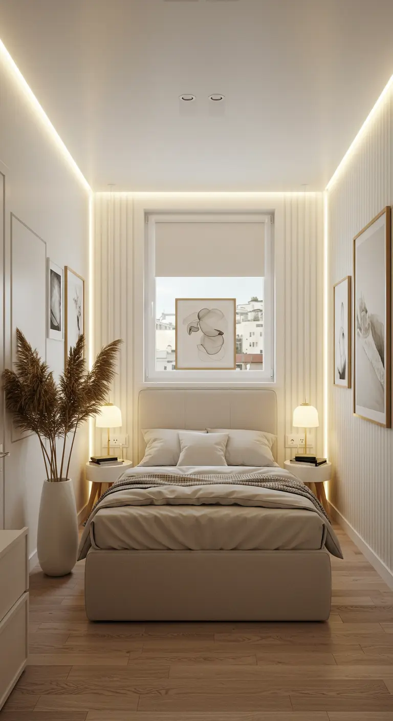 Slaapkamer met een verlicht paneel achter het bed dat een raam simuleert.