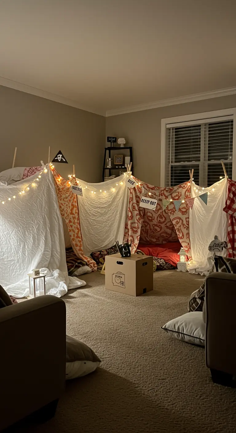 Gezellig indoor fort gebouwd van dekens en lakens, verlicht met lichtslingers.