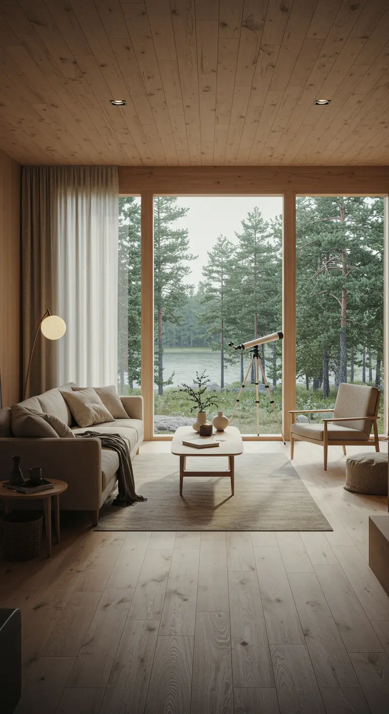 Scandinavische woonkamer met grote ramen die uitkijken op een bos en meer.