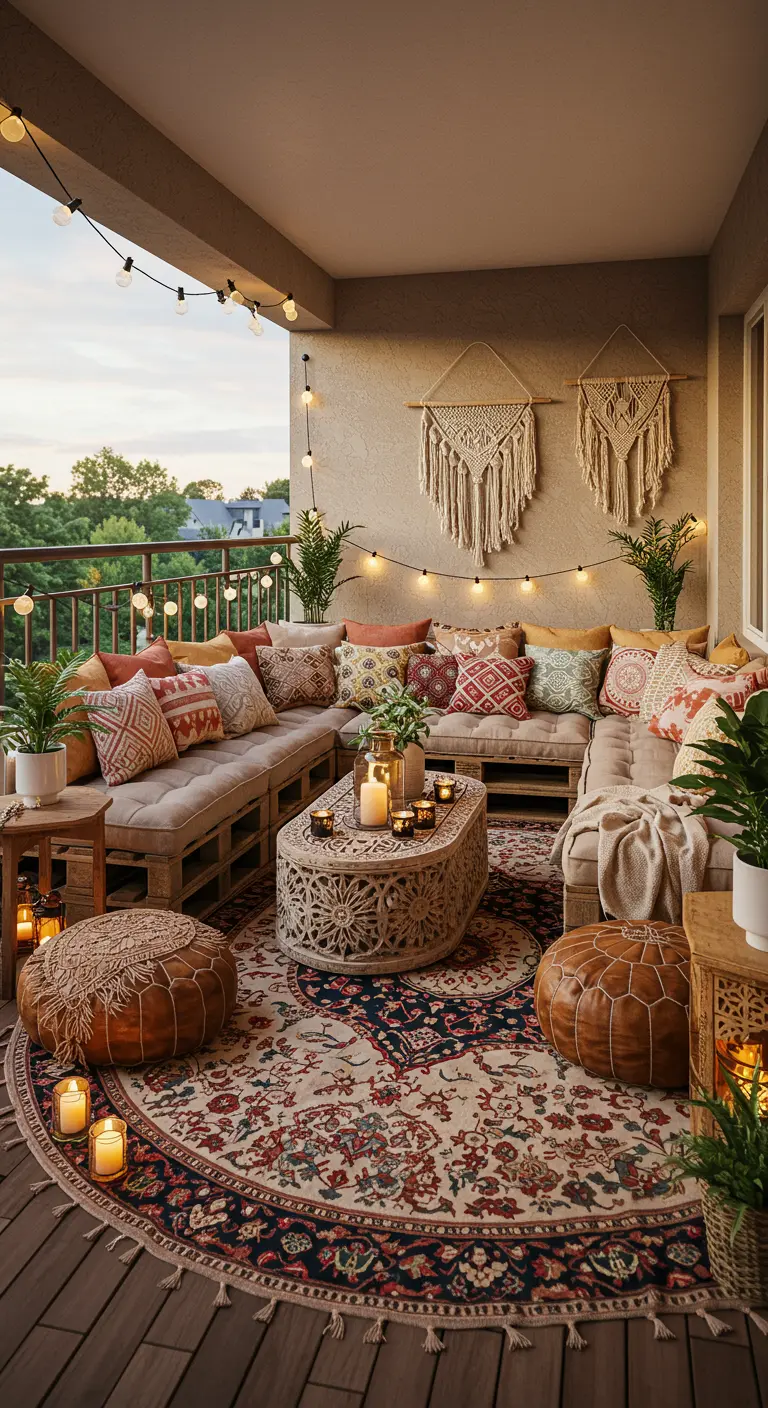Groot boho-balkon met L-vormige pallet lounge, veel kussens, poefs, macramé wandhangers en diverse vloerkleden.