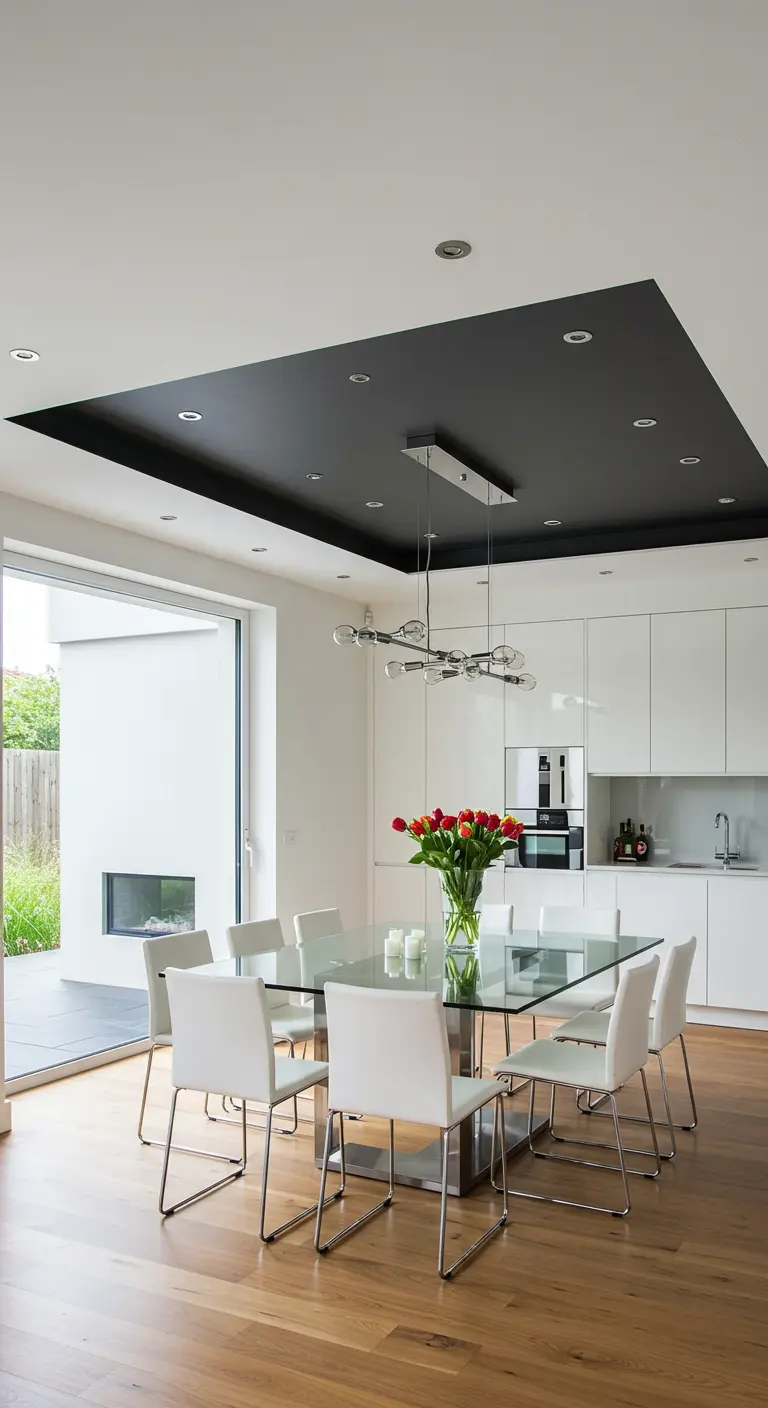 Moderne eetkamer met een verlaagd zwart plafond boven de tafel