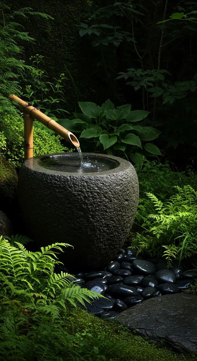 Japanse tuin met stenen waterbassin, bamboe fontein en zwarte keien.