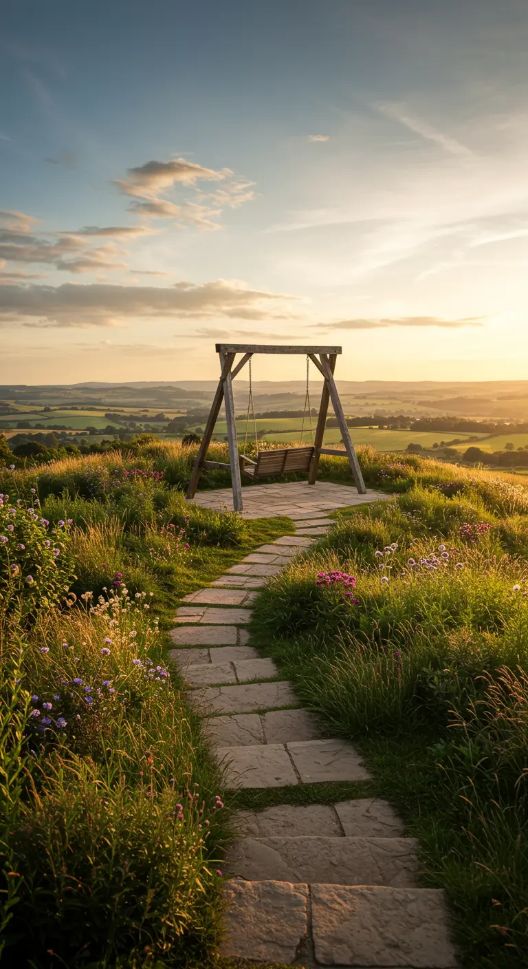 Houten schommelbank op een heuveltop met weids uitzicht en wilde bloemen, bij zonsondergang.