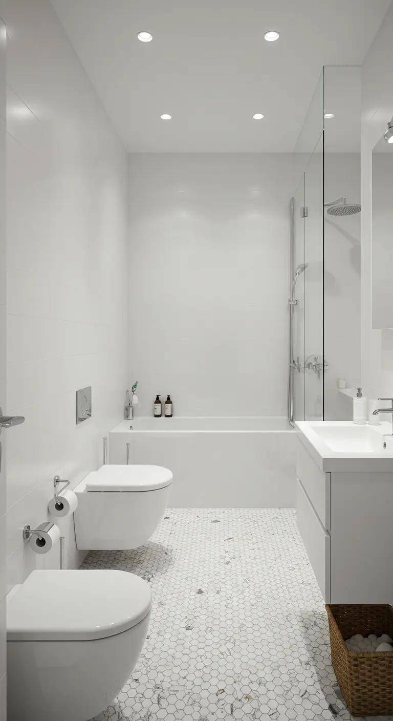 Witte badkamer met hexagon vloertegels en witte wanden.