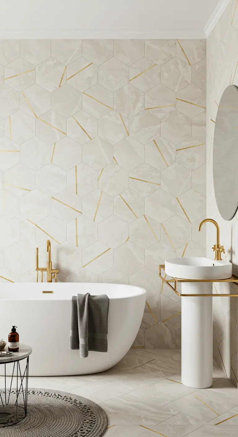 Badkamer met hexagon tegels met gouden lijnen, vrijstaand bad