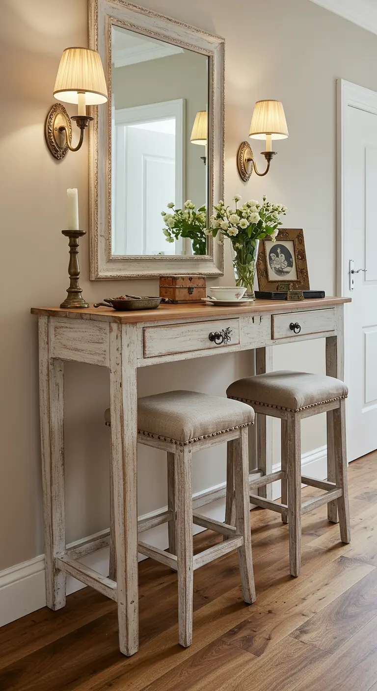 Witte verweerde consoletafel met twee krukken, spiegel en wandlampen.