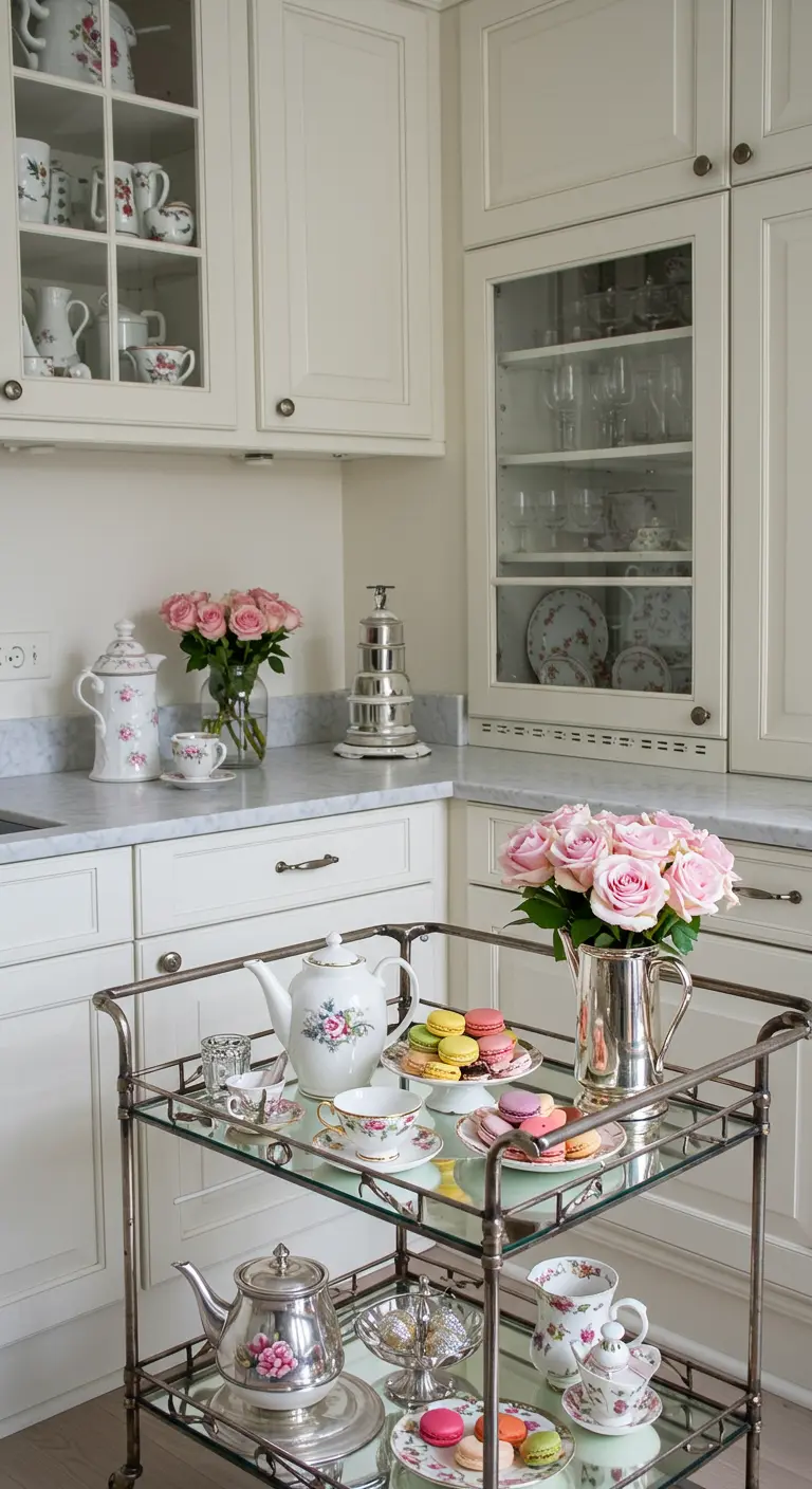 Zilverkleurige klassieke trolley met etagères vol macarons, roze rozen en chic servies voor high tea.