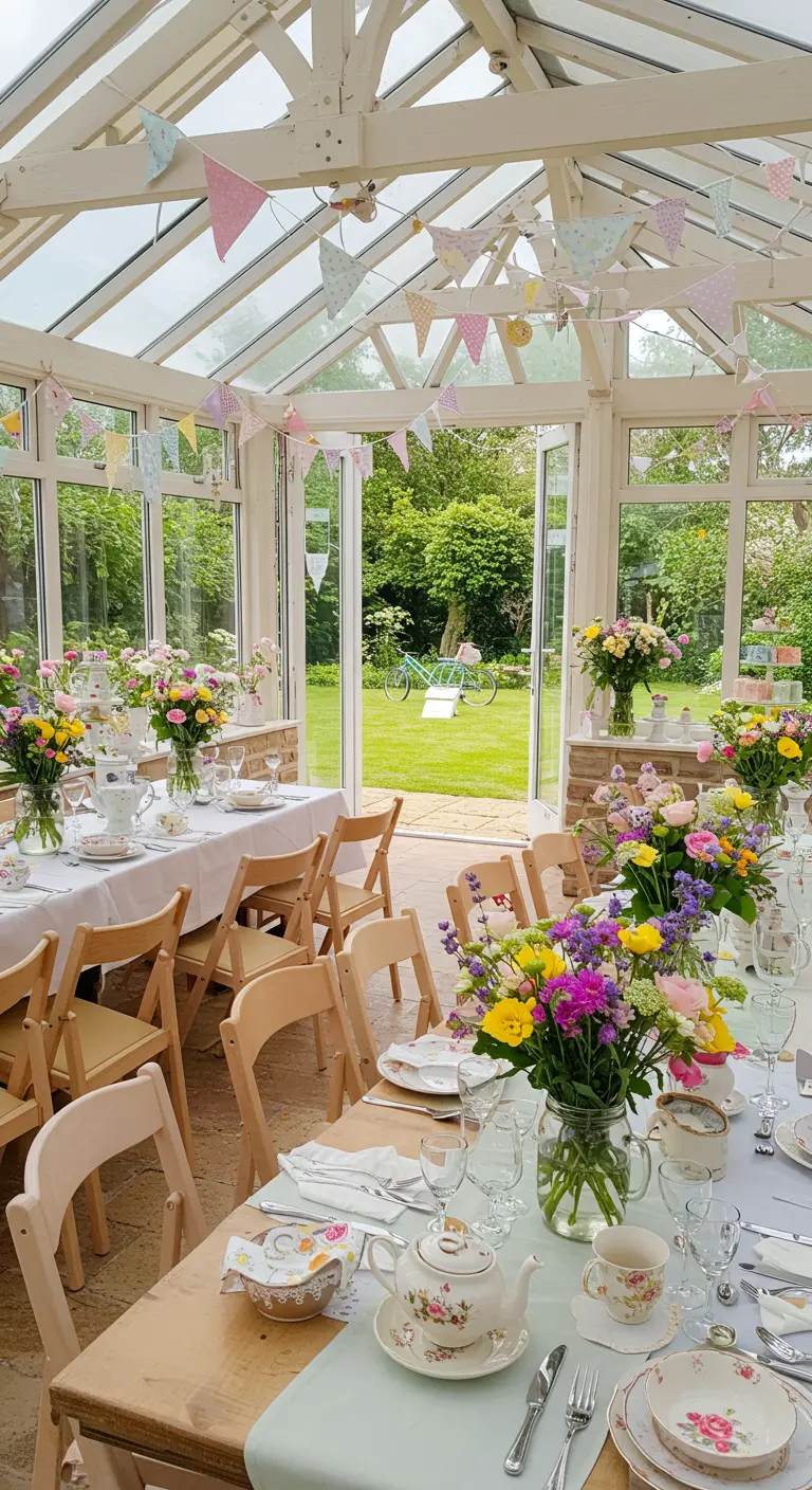 Lichte kas met vlaggetjes, bloemen en een Engelse high tea setting.