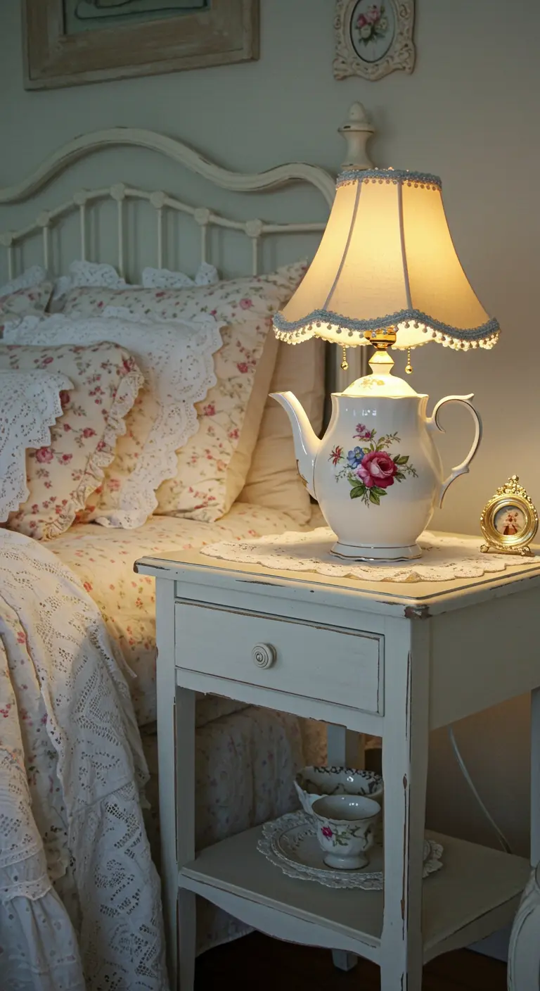 Vintage theepot omgebouwd tot lampenvoet met lampenkap, op een wit nachtkastje in een romantische slaapkamer.