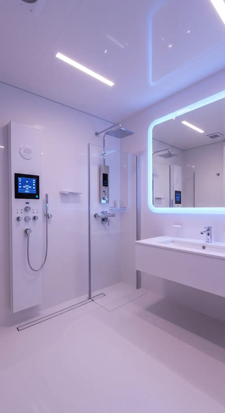 Futuristische witte douchecabine met geïntegreerde LED-verlichting en digitaal bedieningspaneel.