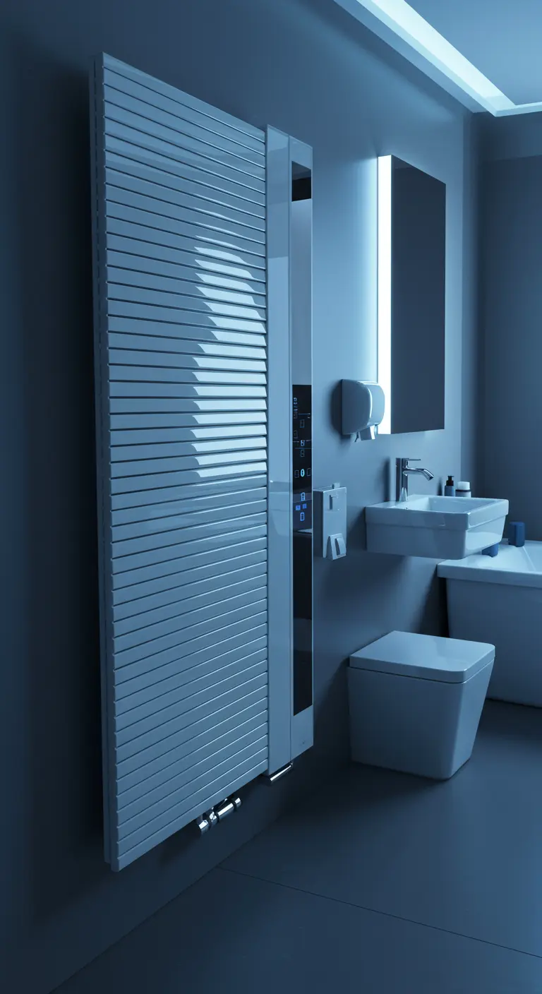 Brede, platte, witte designradiator met digitaal bedieningspaneel in moderne, donkere badkamer.