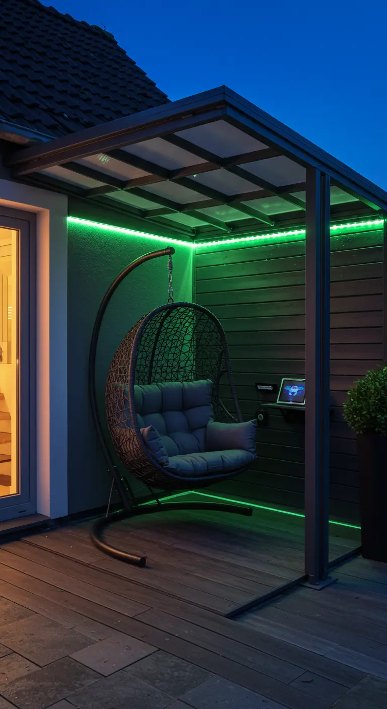 Moderne overdekte zithoek met hangstoel en groene LED-verlichting 's avonds.