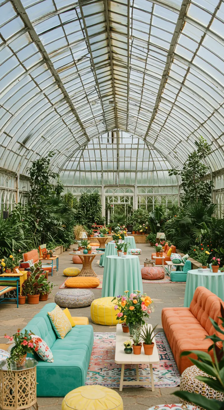 Lounge setting in kas met kleurrijke banken, poefs en botanische decoratie.