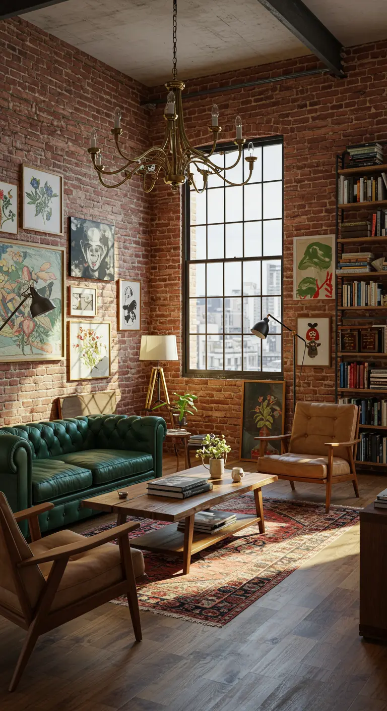 Industriële woonkamer met bakstenen muur, groene chesterfield en een grote galerijwand.