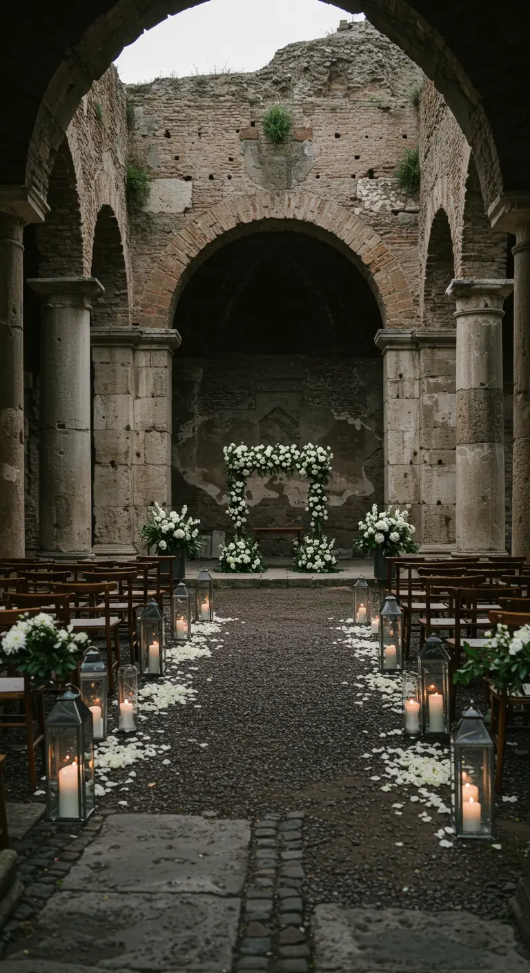 Ceremonie in oude stenen ruïnes met witte bloemenboog en lantaarns
