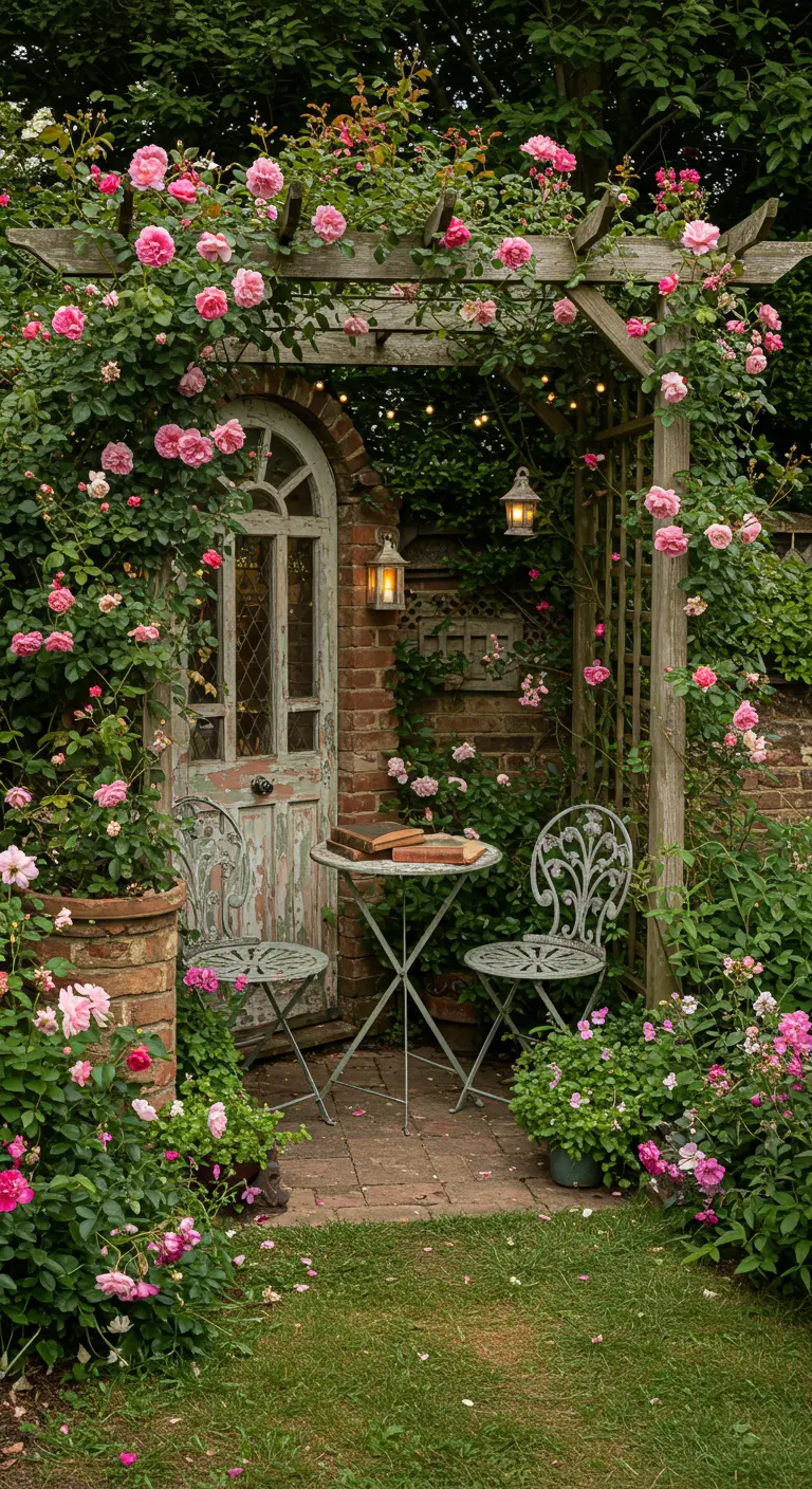 Oude verweerde deur in bakstenen muur met pergola en roze klimrozen, metalen bistrosetje en lantaarns.