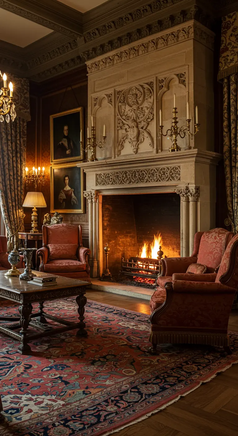 Statige woonkamer met rijk versierde historische stenen schouw en klassieke meubels.