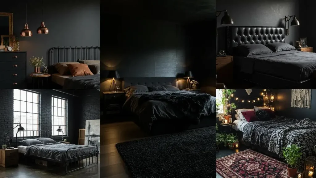 Collage van 6 prachtig zwarte slaapkamers die donker omarmen.