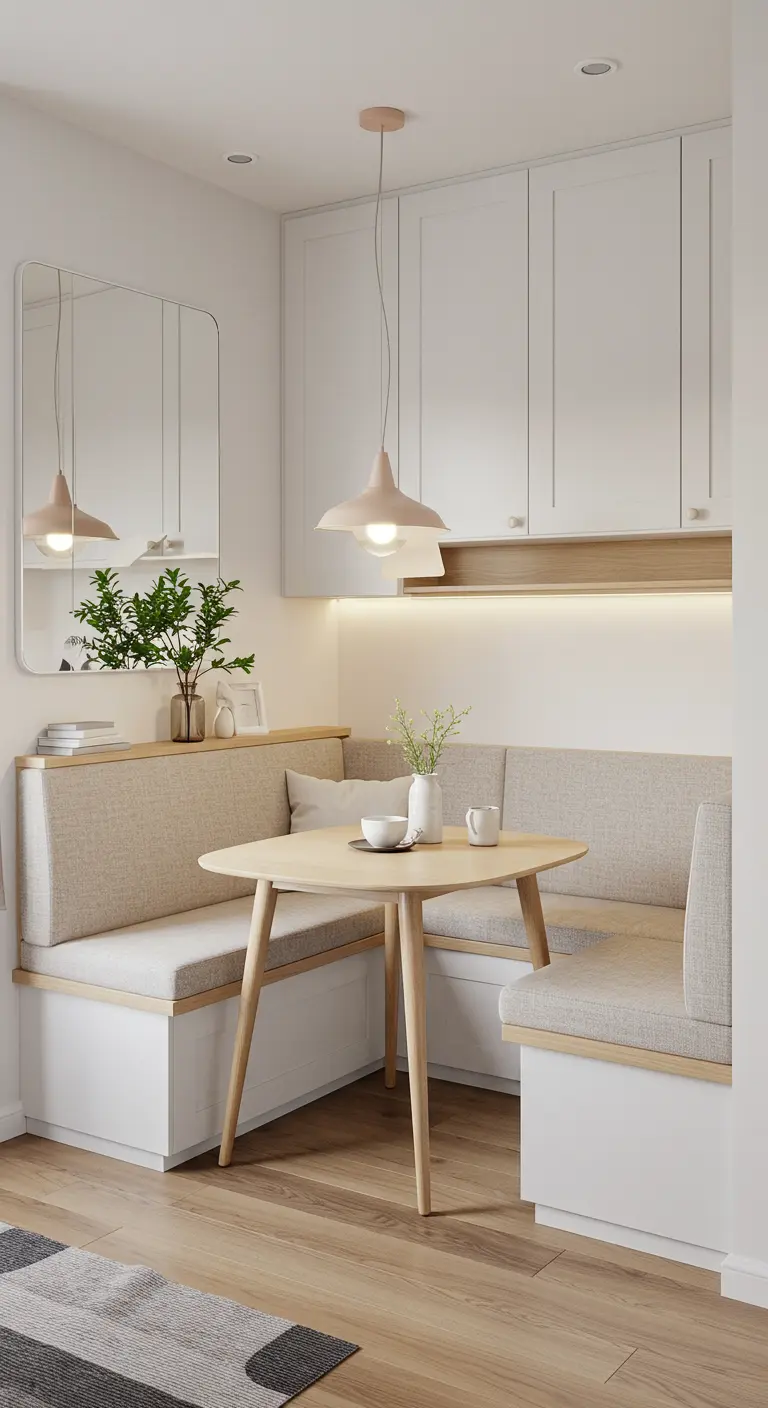 Lichte, compacte eethoek met ingebouwde hoekbank, ronde tafel, roze hanglamp en grote spiegel.