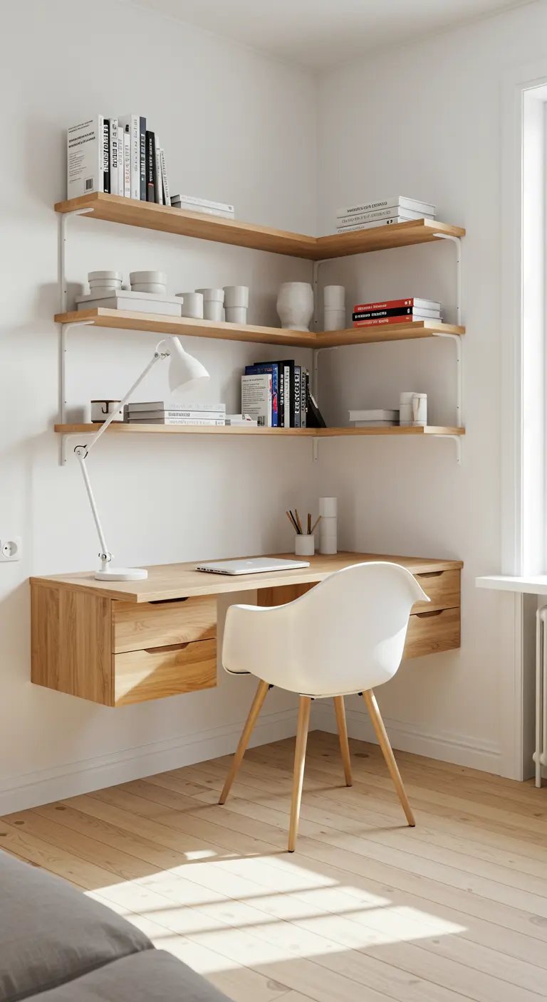 Lichte hoekwerkplek met zwevend houten bureau, witte stoel en houten wandplanken.