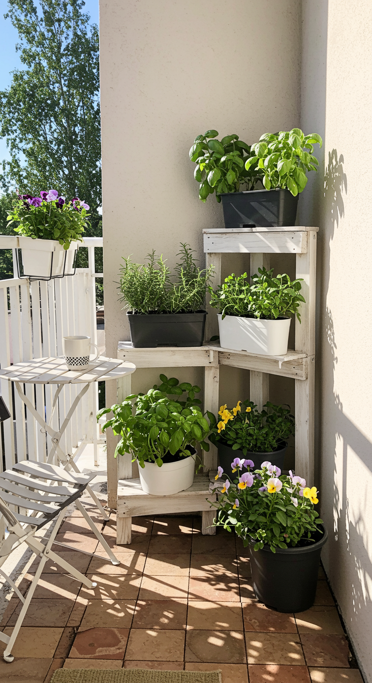 Wit houten hoekrekje met diverse kruiden en planten op een balkon.