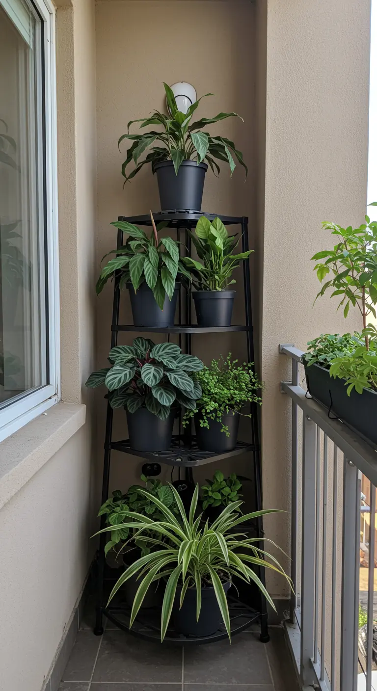 Zwart metalen hoek-plantenrek op balkon, vol met diverse groene kamerplanten.