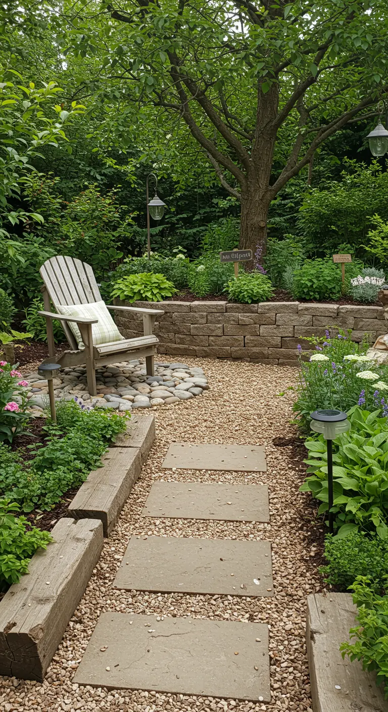 Schaduwrijke tuin met houten stoel op kiezelstenen, stenen muur en weelderige planten.