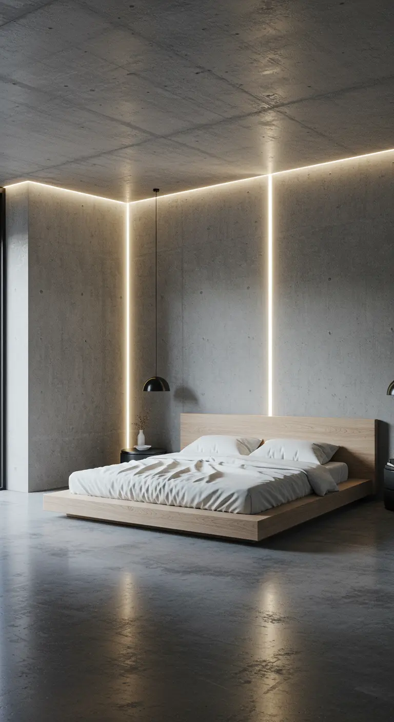 Slaapkamer met betonnen muren en LED-strips in de hoeken voor naadloze wandverlichting.
