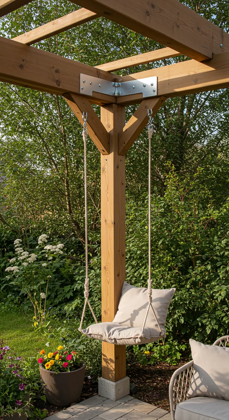 Compacte schommelzit met kussen in de hoek van een houten pergola.