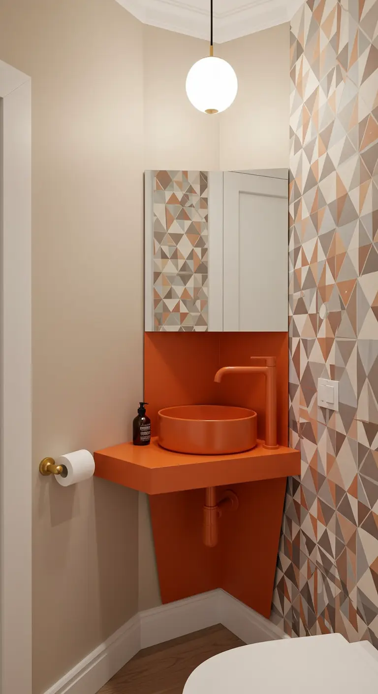 Compact oranje hoekwastafelmeubel met bijpassende waskom en geometrisch behang.
