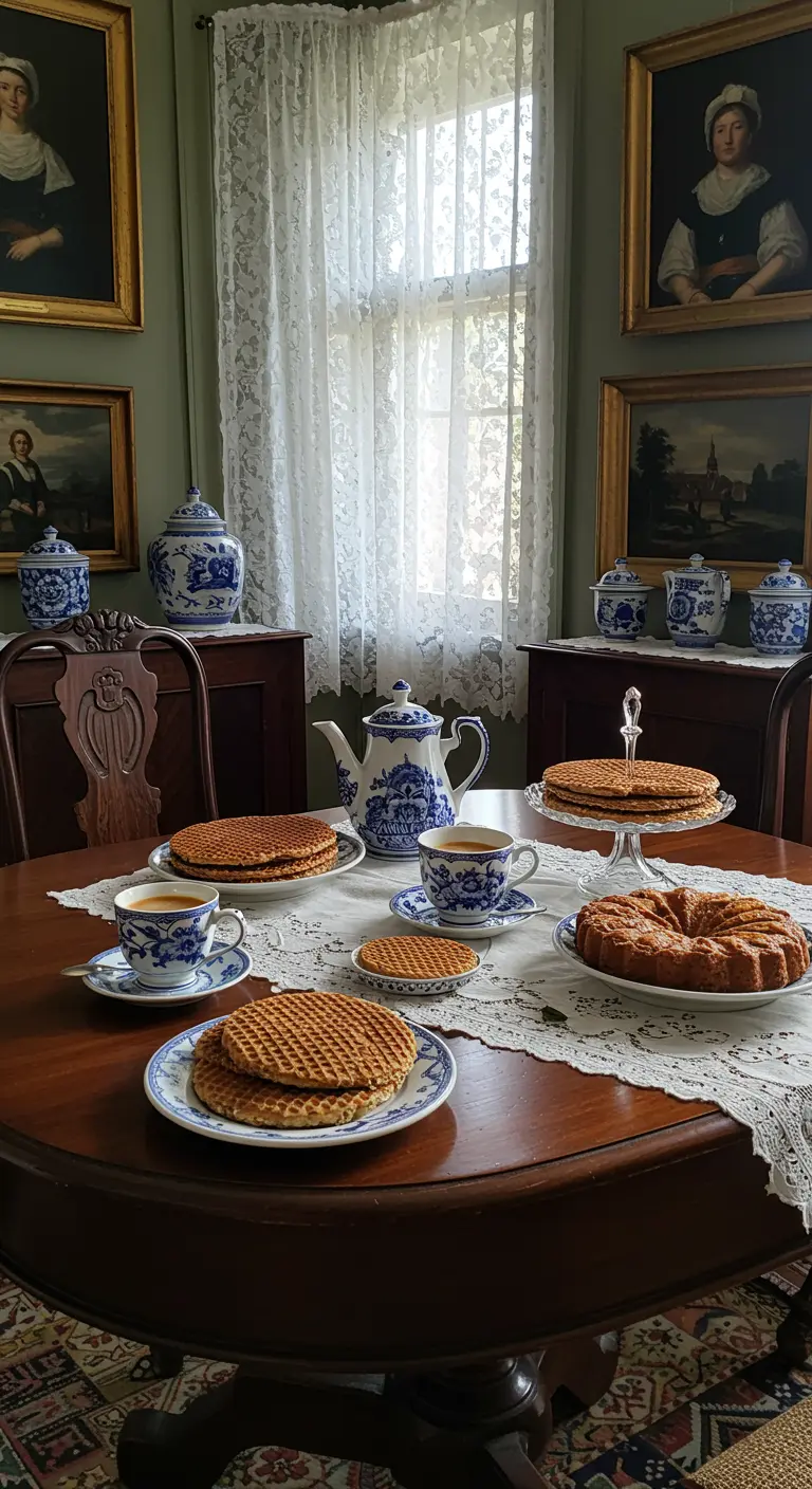 Klassiek Hollands interieur met Delfts blauw servies, stroopwafels en kant.