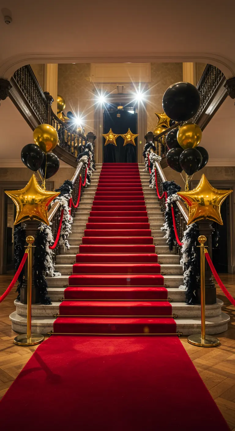 Rode loper op een trap, geflankeerd door gouden palen, zwarte pluimen en zwarte/gouden ballonnen.