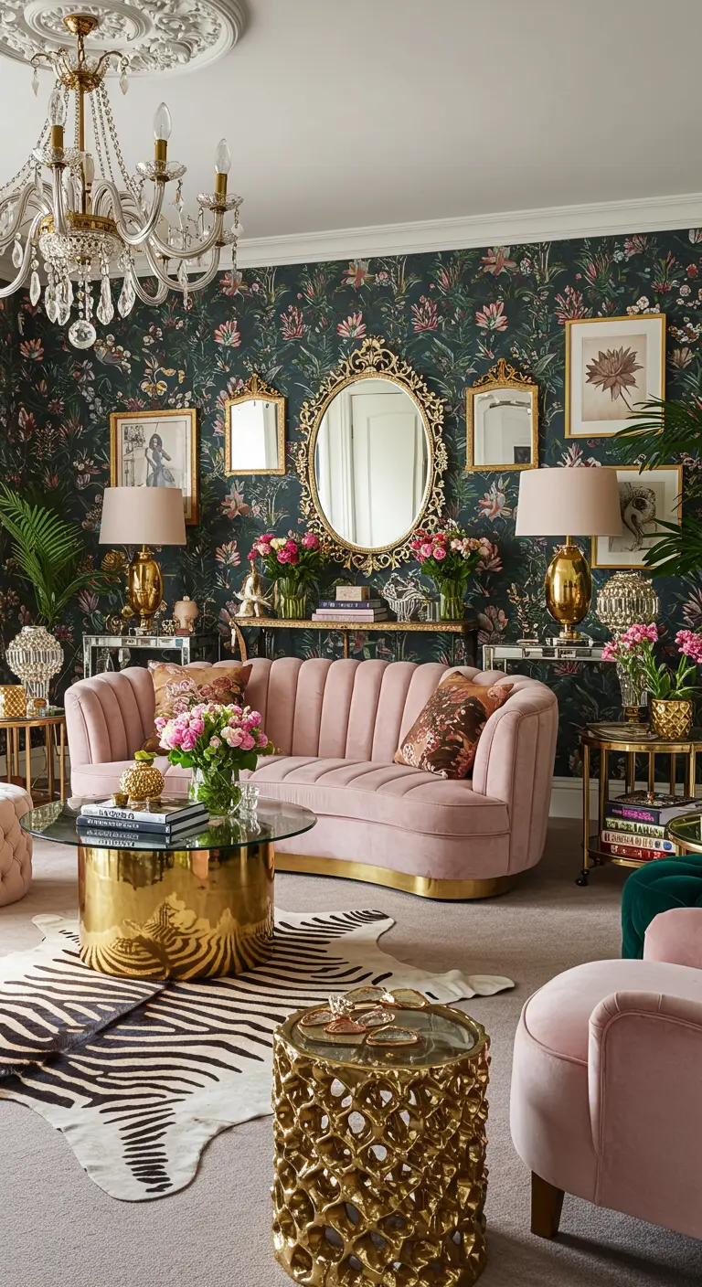 Glamoureuze boho woonkamer met roze fluwelen bank, gouden accenten en dierenprint kleed.