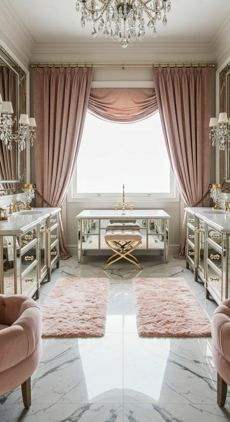 Glamoureuze badkamer met groot raam, roze velours gordijnen en marmeren vloer.