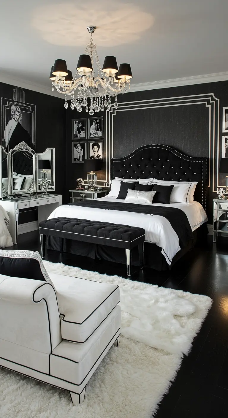 Luxe zwart-wit slaapkamer met kristallen kroonluchter en spiegels.