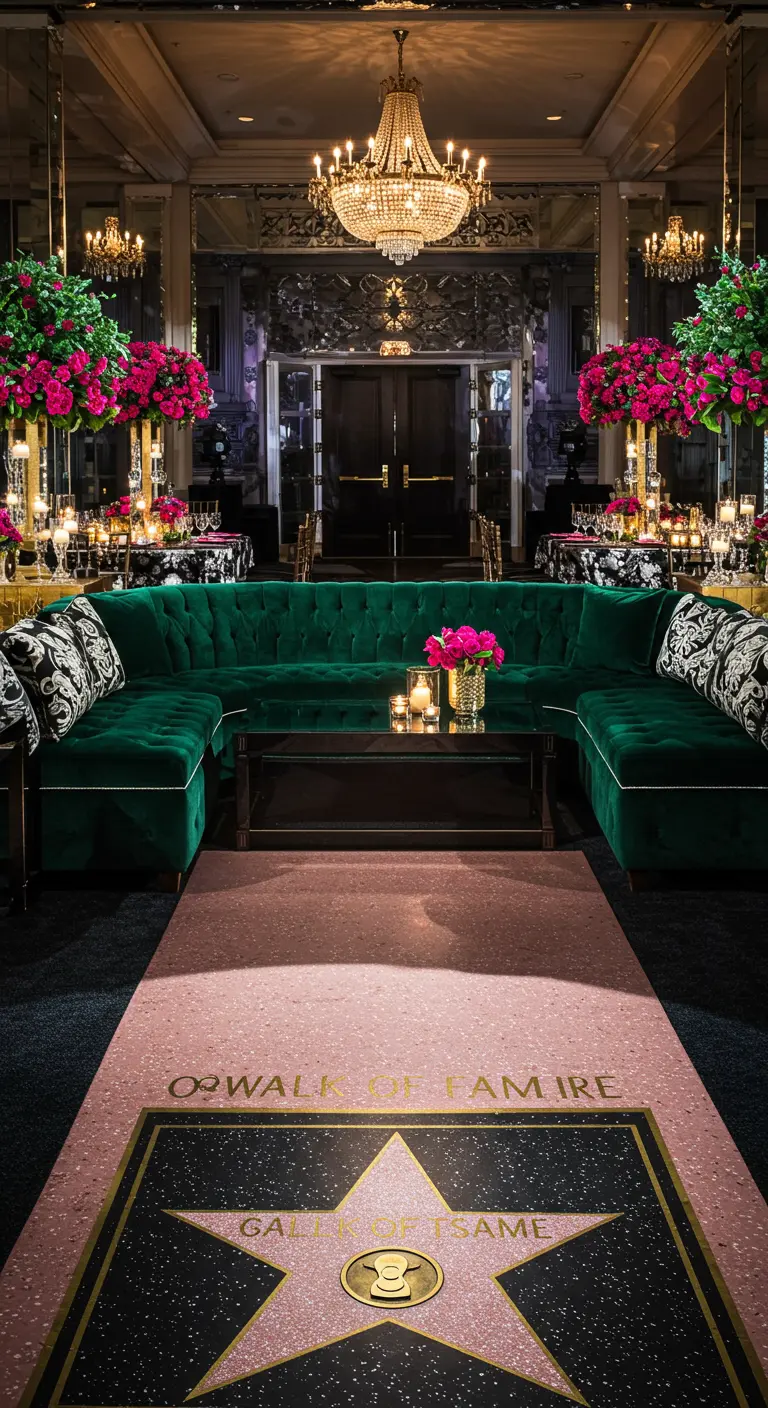 Luxe loungehoek op een bruiloft met een Hollywood 'Walk of Fame'-ster op de vloer.