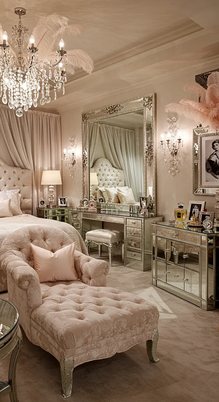 Glamoureuze slaapkamer met kristallen kroonluchter, spiegelmeubels en zachtroze accenten.