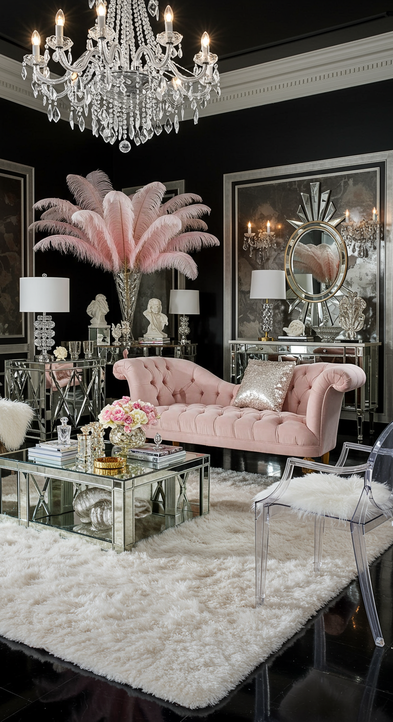 Glamoureuze woonkamer met een wit, hoogpolig shaggy vloerkleed en roze accenten.