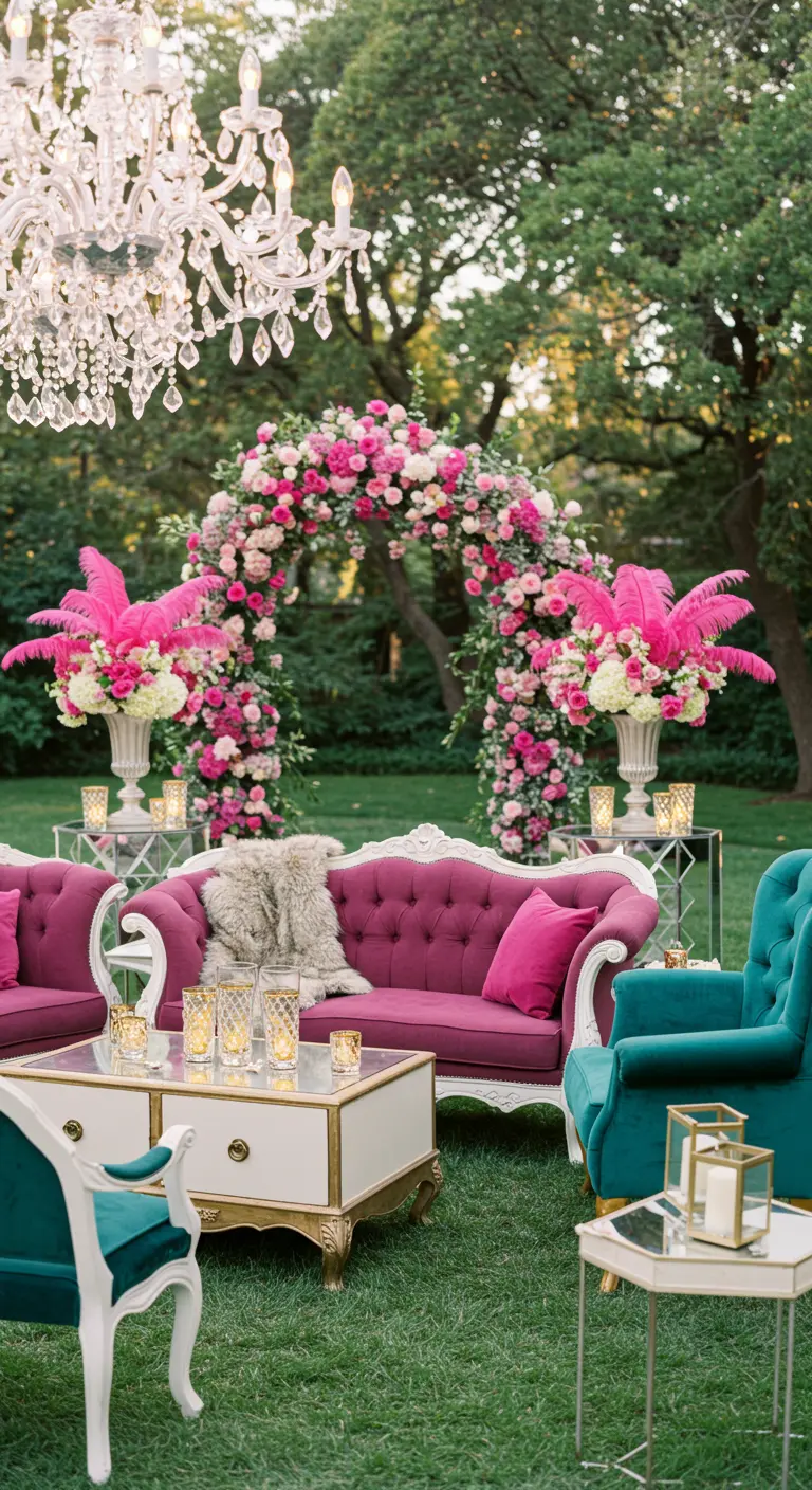 Glamoureuze lounge met fuchsia en teal fluwelen banken, gouden accenten en bloemenboog.