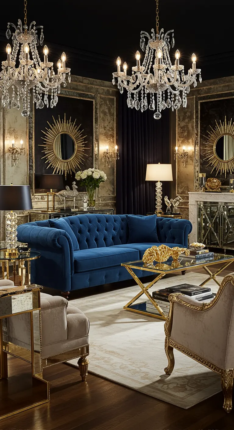 Glamoureuze woonkamer met blauwe fluwelen bank, kristallen kroonluchters en gouden details.